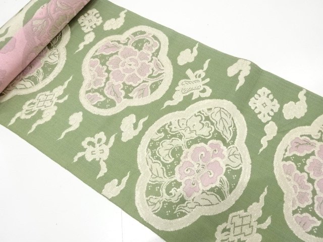 アンティーク　花更紗に宝尽くし模様織り出し　八寸帯地反物